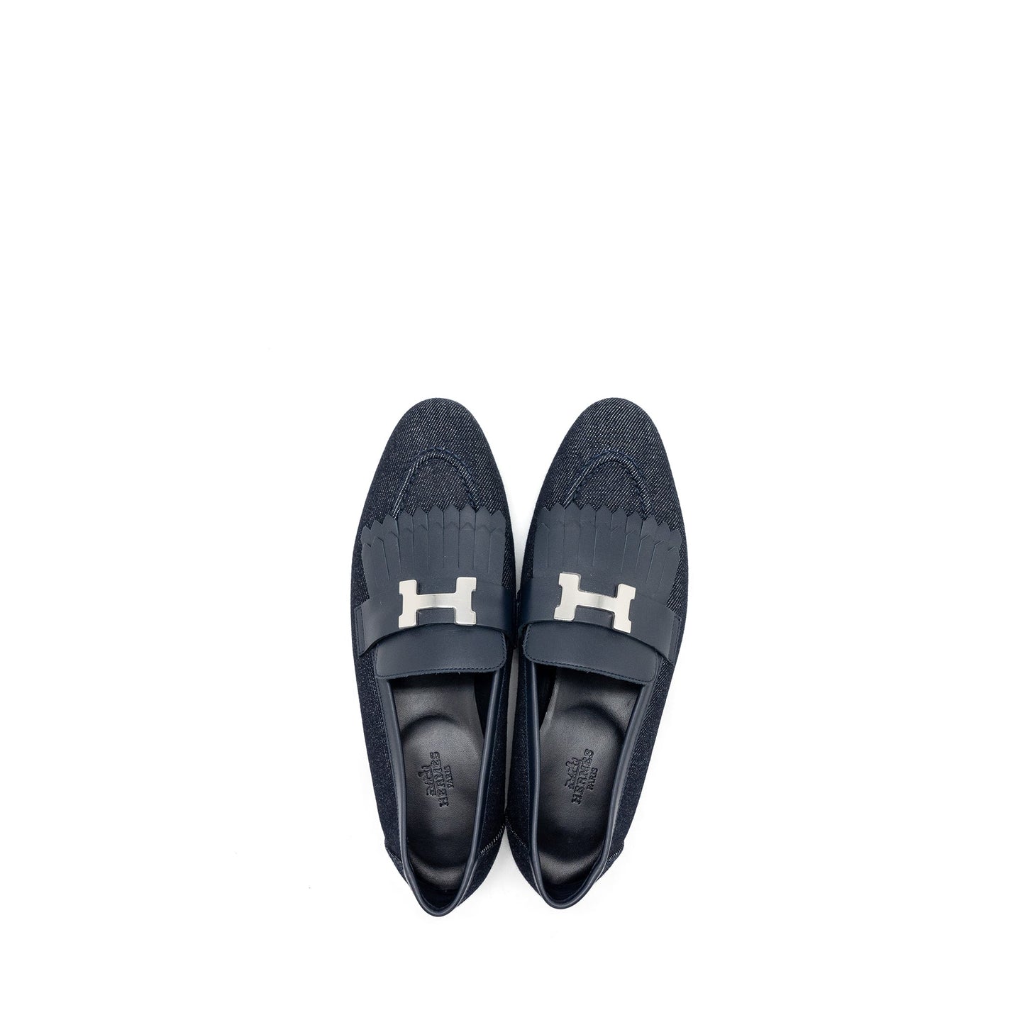 Hermes size 38 mocassins royal loafer denim/calfskin bleu brut/marine SHW