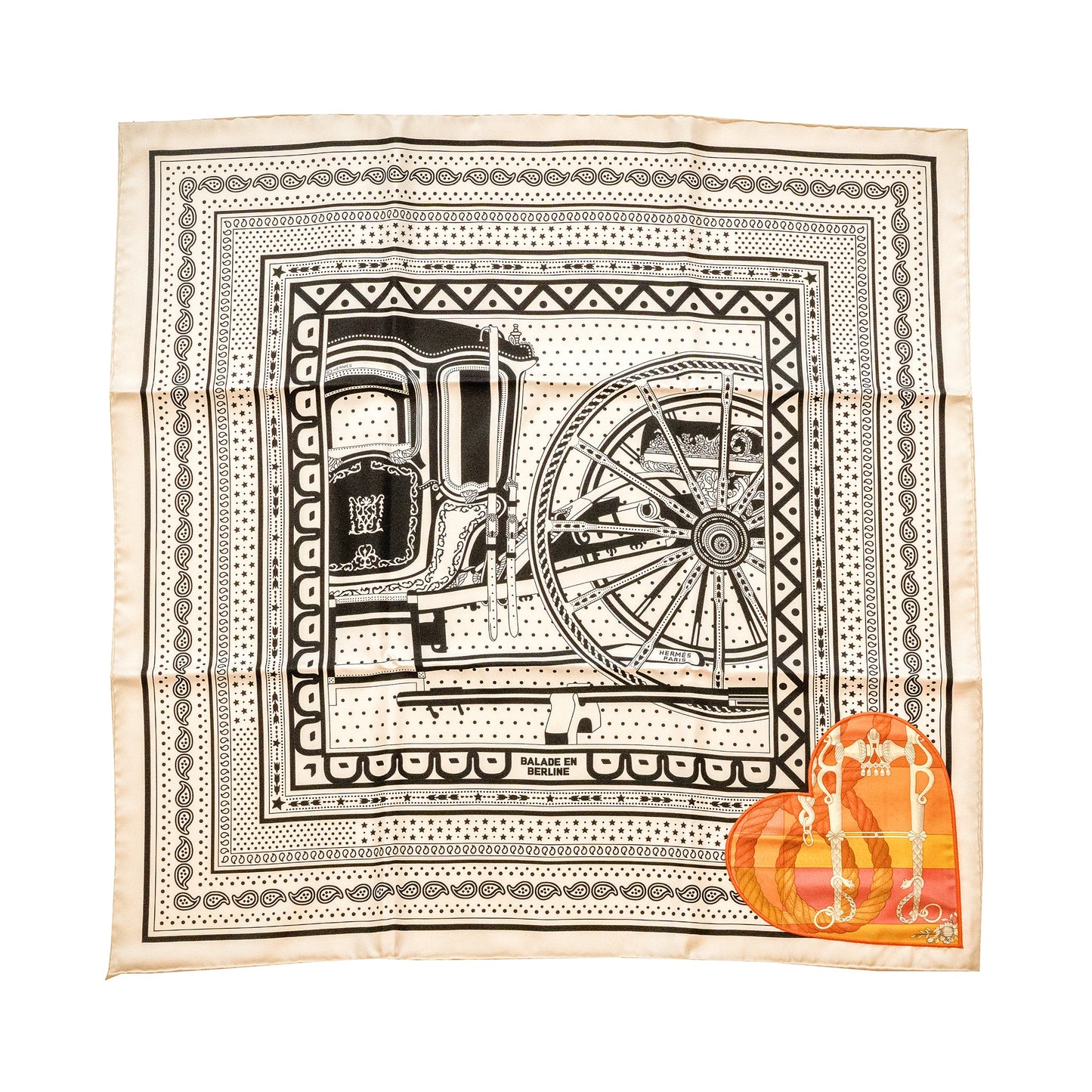 Hermes 70cm Silk Scarf Balade En Berline Ban Blanc/Black