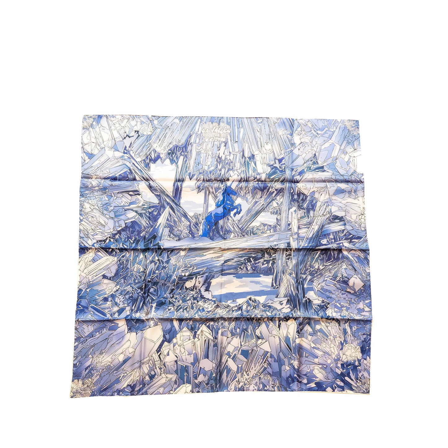 Hermes 90*90 cm silk scarf La Vallee De Cristal Bleu/blanc/parme