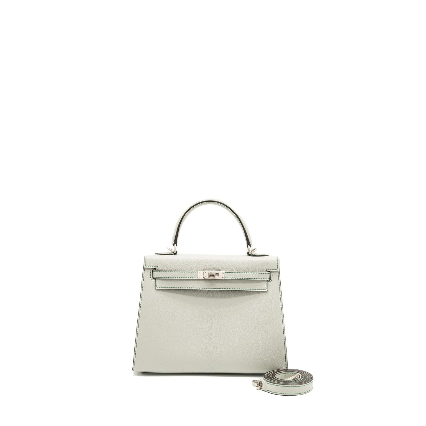 Hermes Kelly 25 Special Order Chèvre Mysore Gris Perle/Malachite/Vert Emeraude Brushed SHW Stamp U