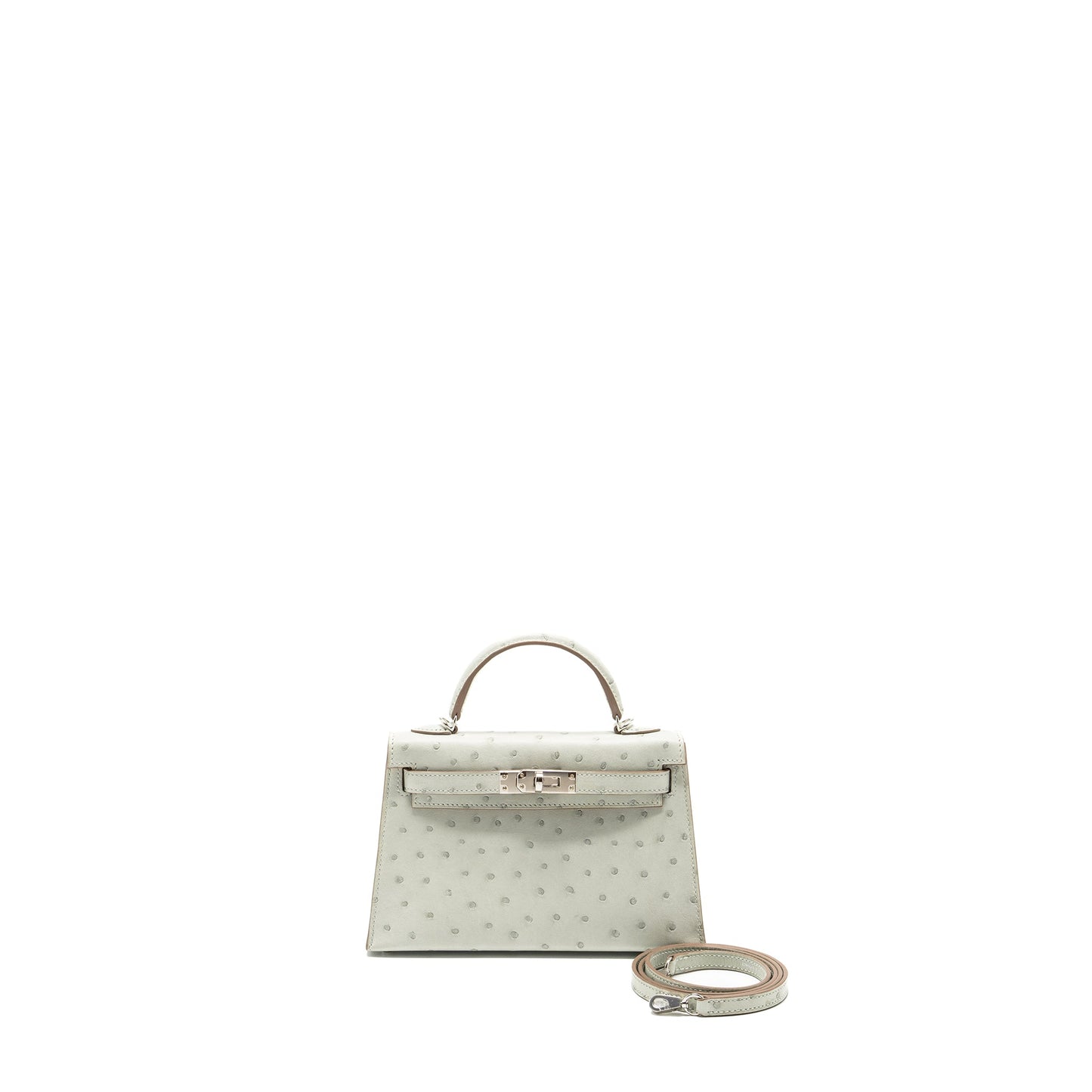 Hermes Mini Kelly II Special Order Ostrich Gris Perle/Jaune Amber SHW Stamp B