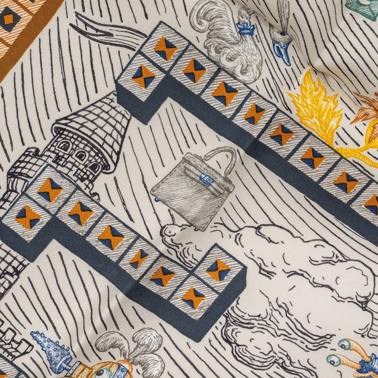 Hermes 90cm Silk Scarf Super Silk Quest Black/Bleu/Beige