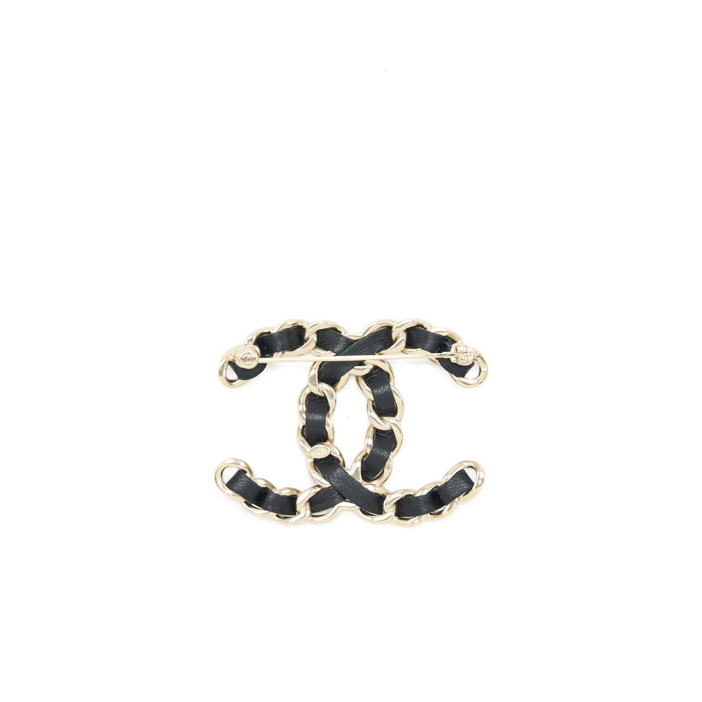 Chanel CC Logo Leather Chain Brooch Black And Light Gold Tone