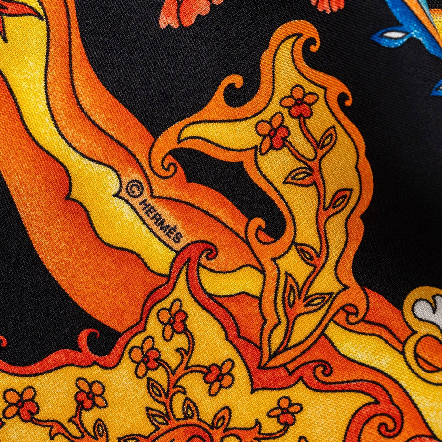 Hermes 90cm Silk Scarf De Tout Coeur Black/Orange/turquoise