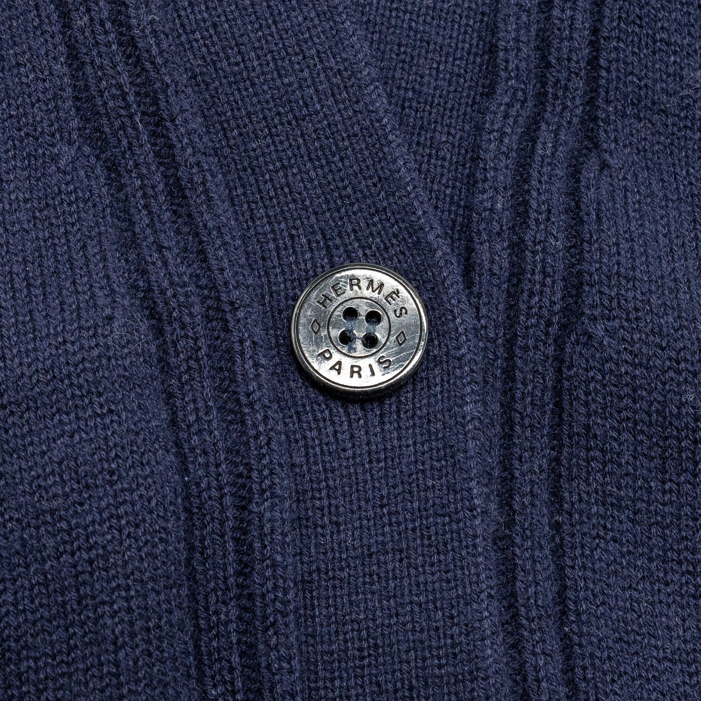Hermes Size 40 Maile Voyage H logo Classic Knit Cardigan Virgin Wool Bleu Noir