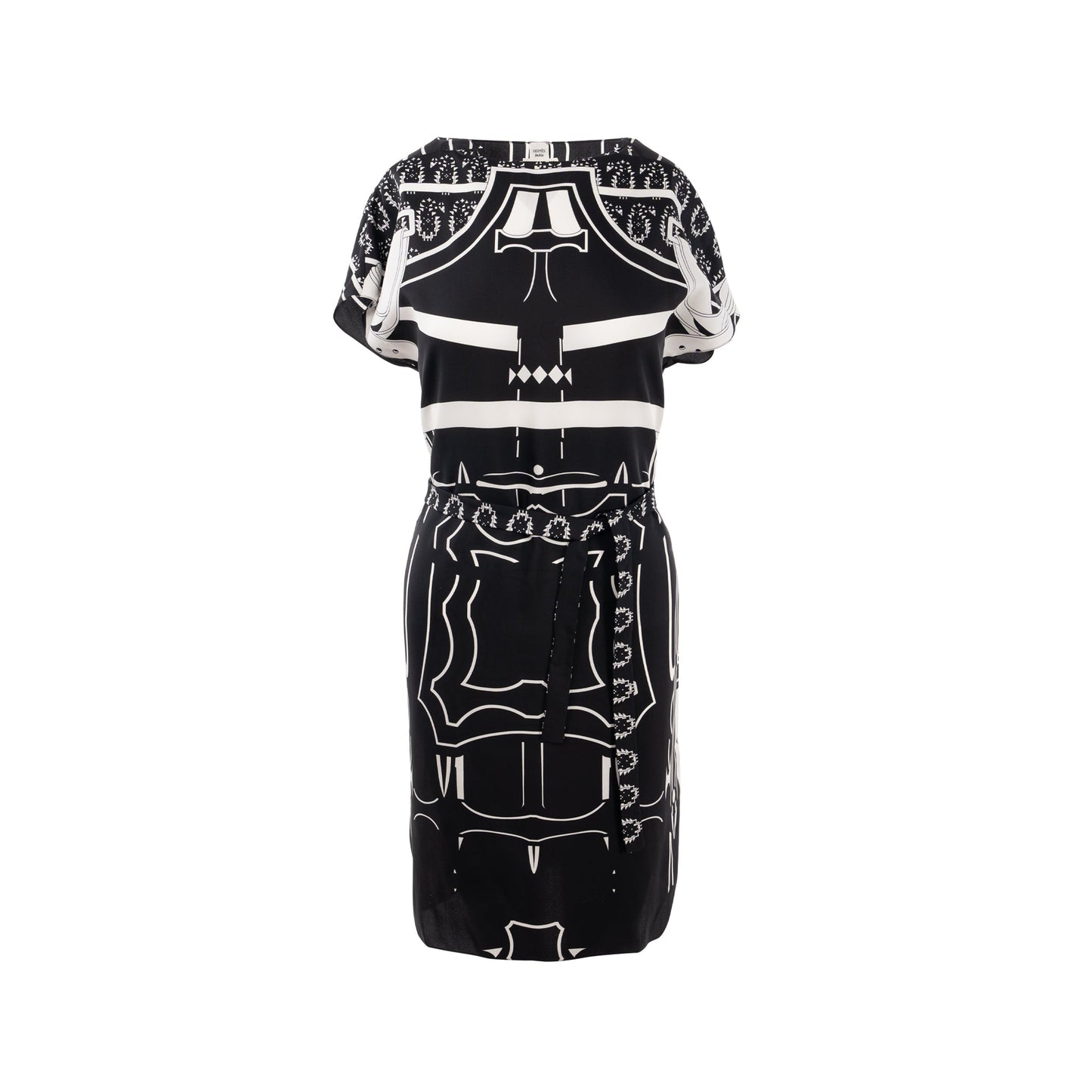 Hermes size 34 silk dress tunique belted black/ white