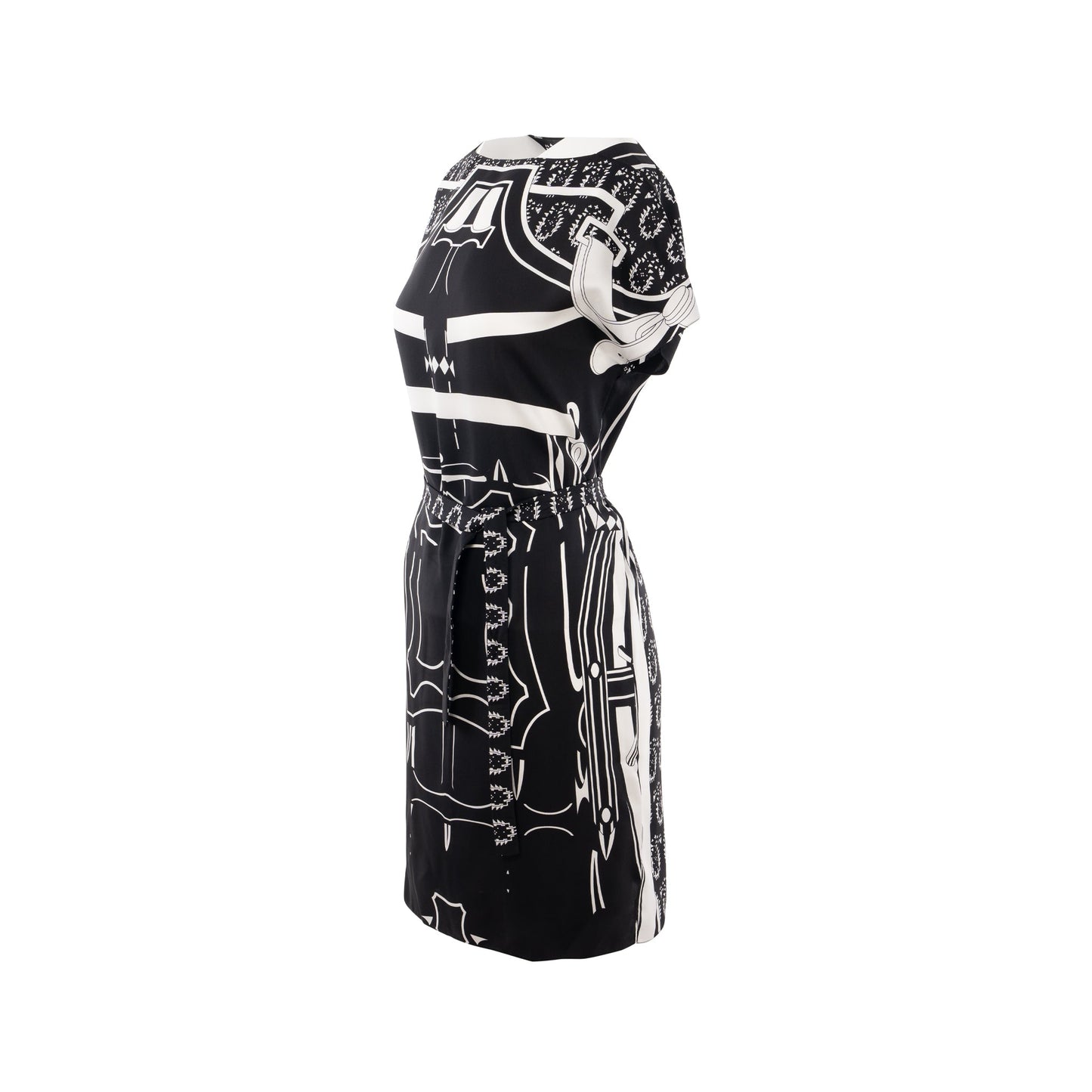 Hermes size 34 silk dress tunique belted black/ white