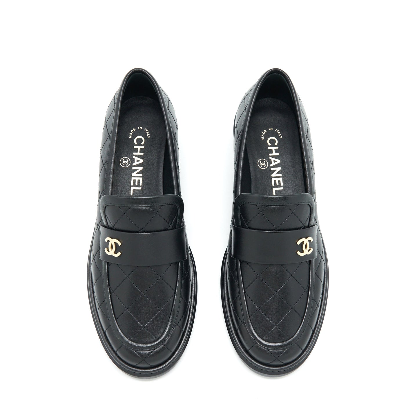 Chanel Size 37 Quilted Leather With CC Logo Loafer Black LGHW