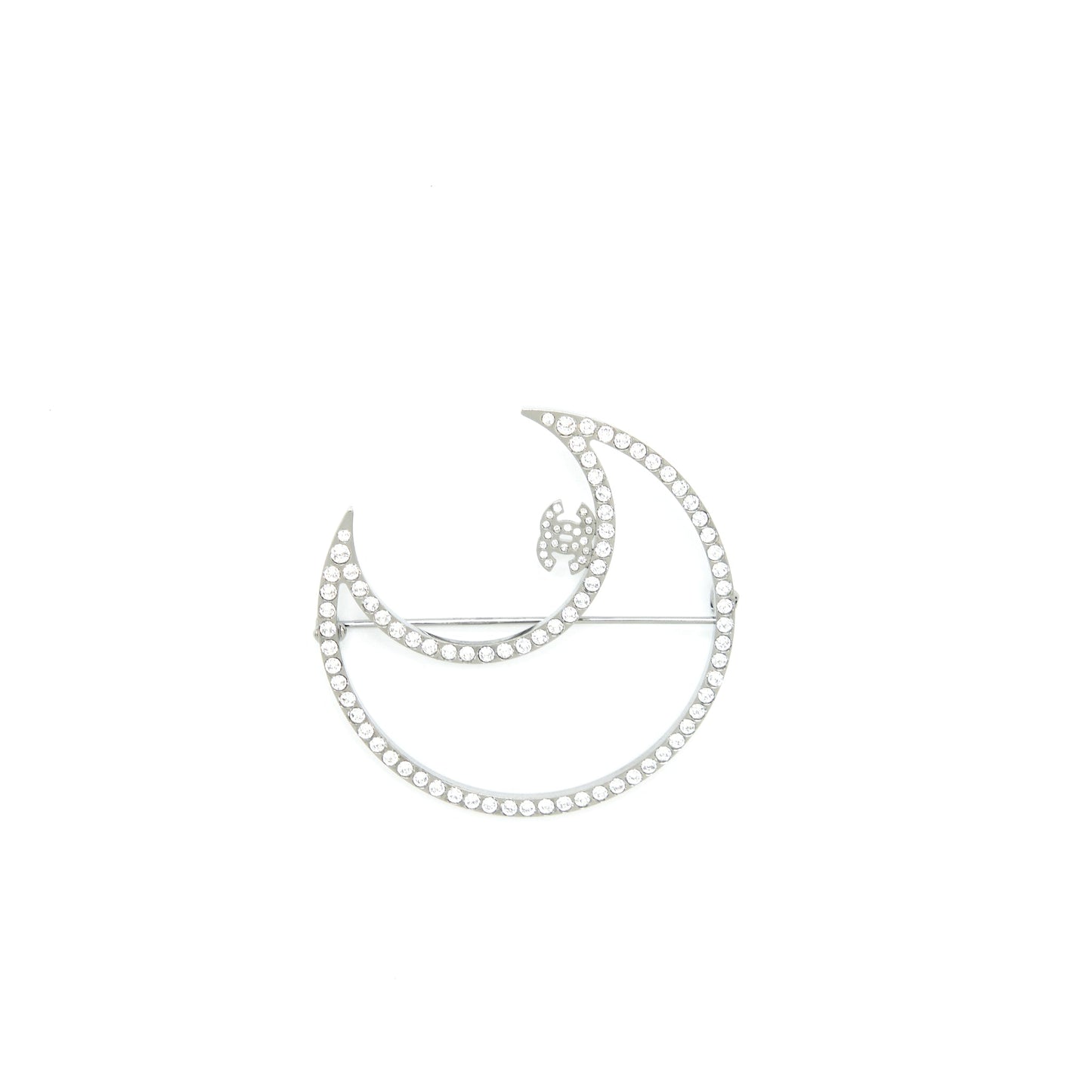 Chanel Crystal CC Crescent Moon Brooch Silver Tone