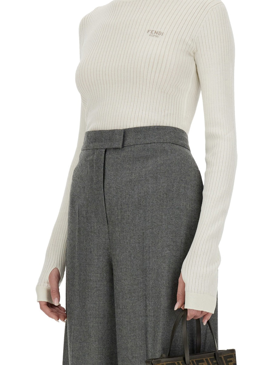 FENDI Wool Sweater with Ribbed Detailing - Long Sleeves