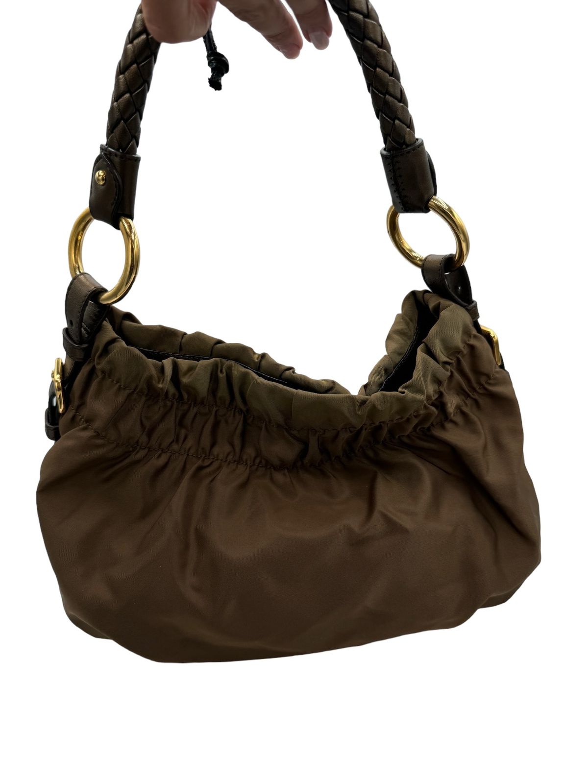 PRADA - Gathered Handbag Khaki Nylon Leather