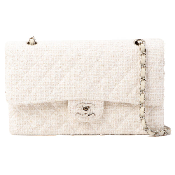Chanel Around 2003 Made Tweed Classic Flap Chain Bag 25Cm White