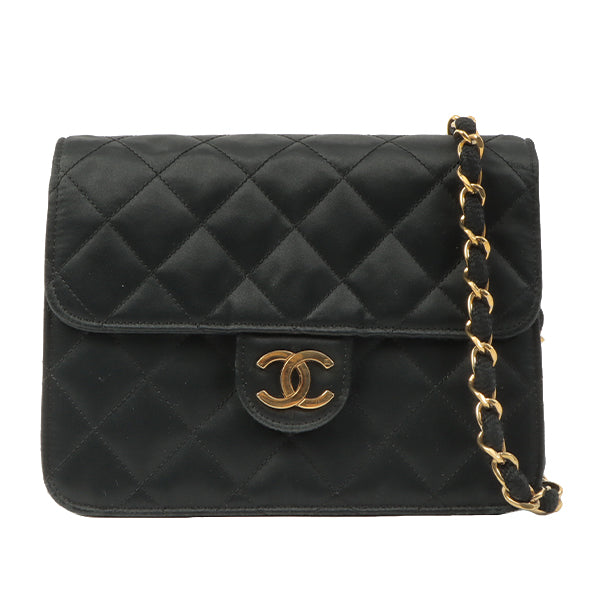 Chanel Around 1985~1990 Silk Satin Cc Mark Plate Straight Flap Chain Bag Black