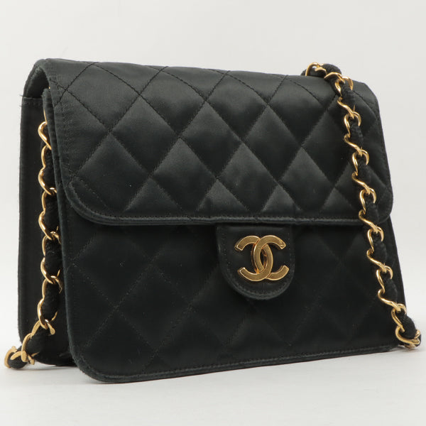 Chanel Around 1985~1990 Silk Satin Cc Mark Plate Straight Flap Chain Bag Black