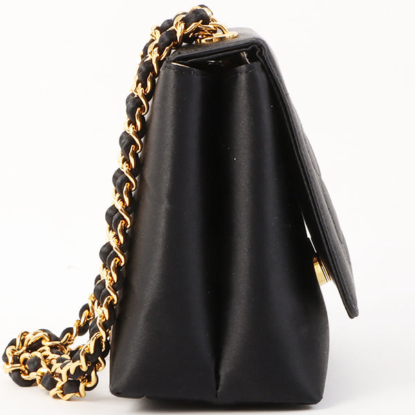 Chanel Around 1996 Made Satin Camellia Cc Mark Stitch Chain Shoulder Bag Black