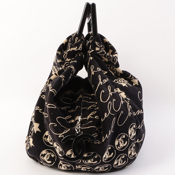 Chanel Around 2006 Made Velvet Camellia Mademoiselle Pattern Handle Bag Black/ Ivory