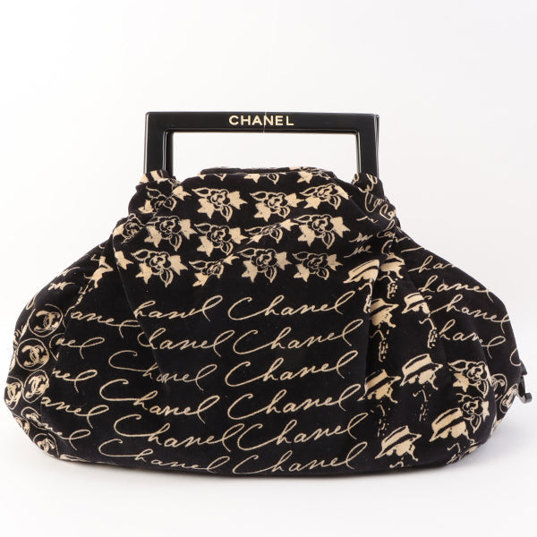 Chanel Around 2006 Made Velvet Camellia Mademoiselle Pattern Handle Bag Black/ Ivory