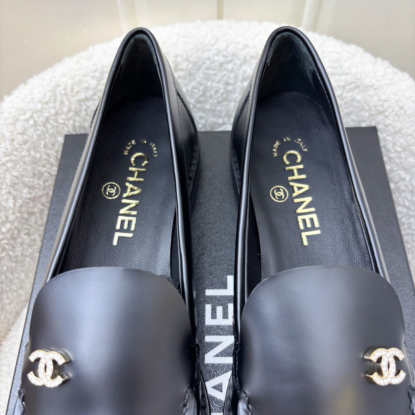 Chanel 25P Mocassins with Diamantes Studded CC Logo in Black Smooth Calfskin