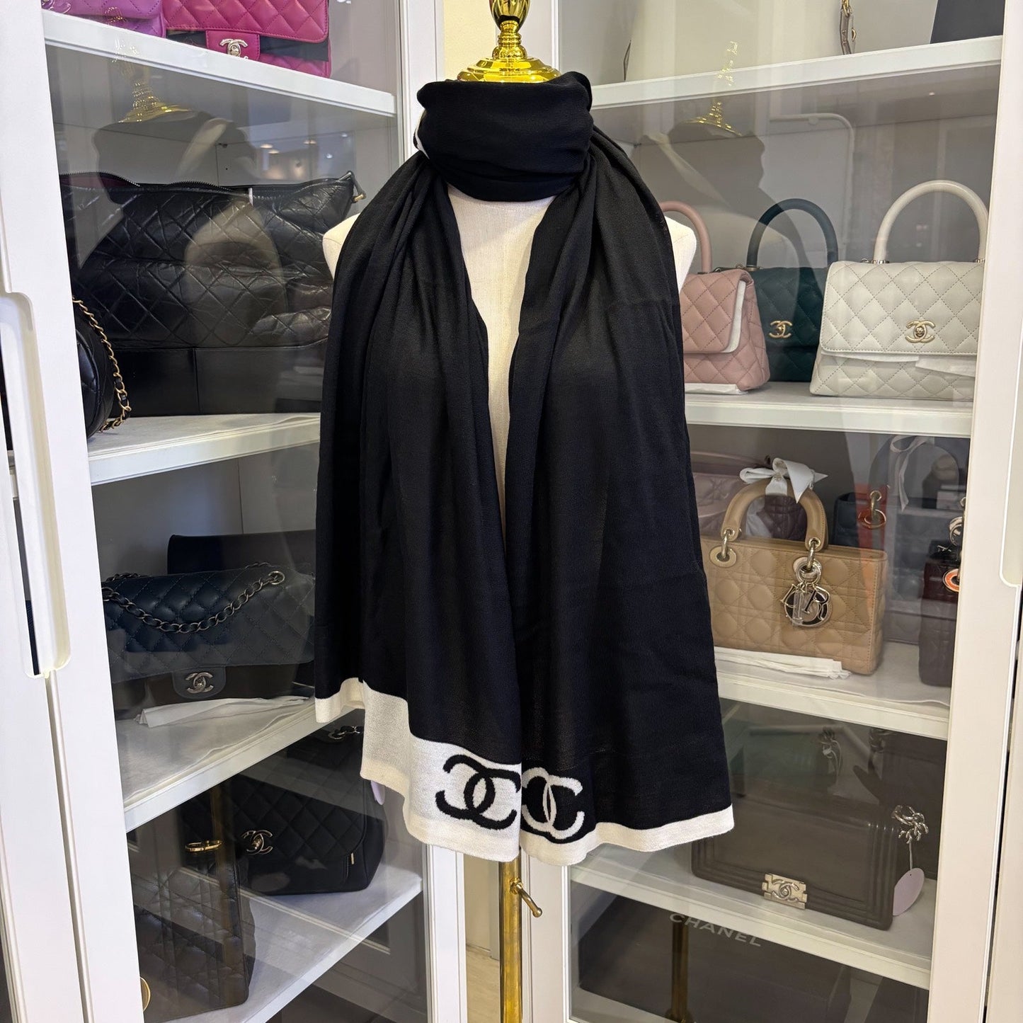 Chanel 4 Piece Travel Set with Pouch, Shawl, Socks and Eye Shield in Black and White mere / Wool / Silk
