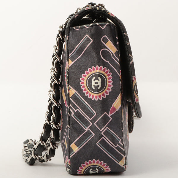 Chanel Around 2005 Made Satin Print Classic Flap Chain Bag 25Cm Black / Multi