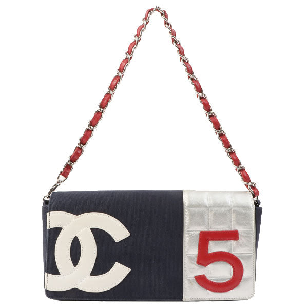 Chanel Around 2002 Made Denim Chocolate Bar Cc Mark No.5 Stitch Chain Shoulder Bag Navy/Silver/Red