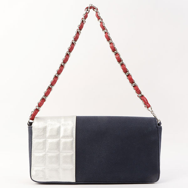 Chanel Around 2002 Made Denim Chocolate Bar Cc Mark No.5 Stitch Chain Shoulder Bag Navy/Silver/Red