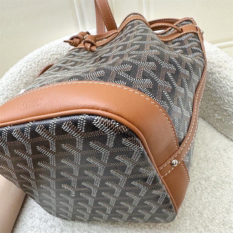 Goyard Petit Flot PM Bucket Bag in Black Goyardine Canvas with Brown Trimming and Strap