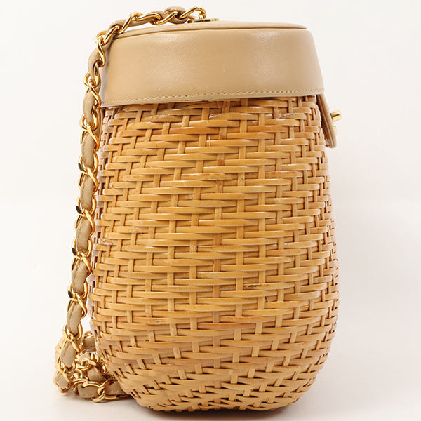 Chanel Around 1998 Made Rattan Turn-Lock Basket Chain Bag Beige