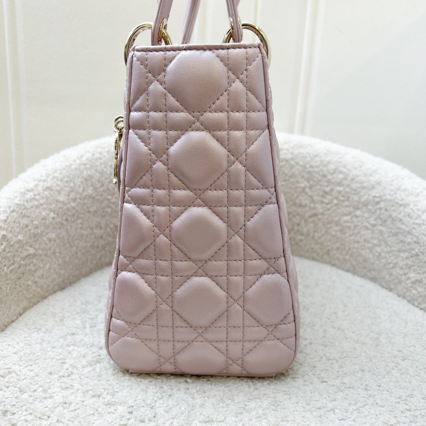 Dior Medium Lady Dior in Iridescent Lotus Pink Lambskin and LGHW (New version with Adjustable Strap)