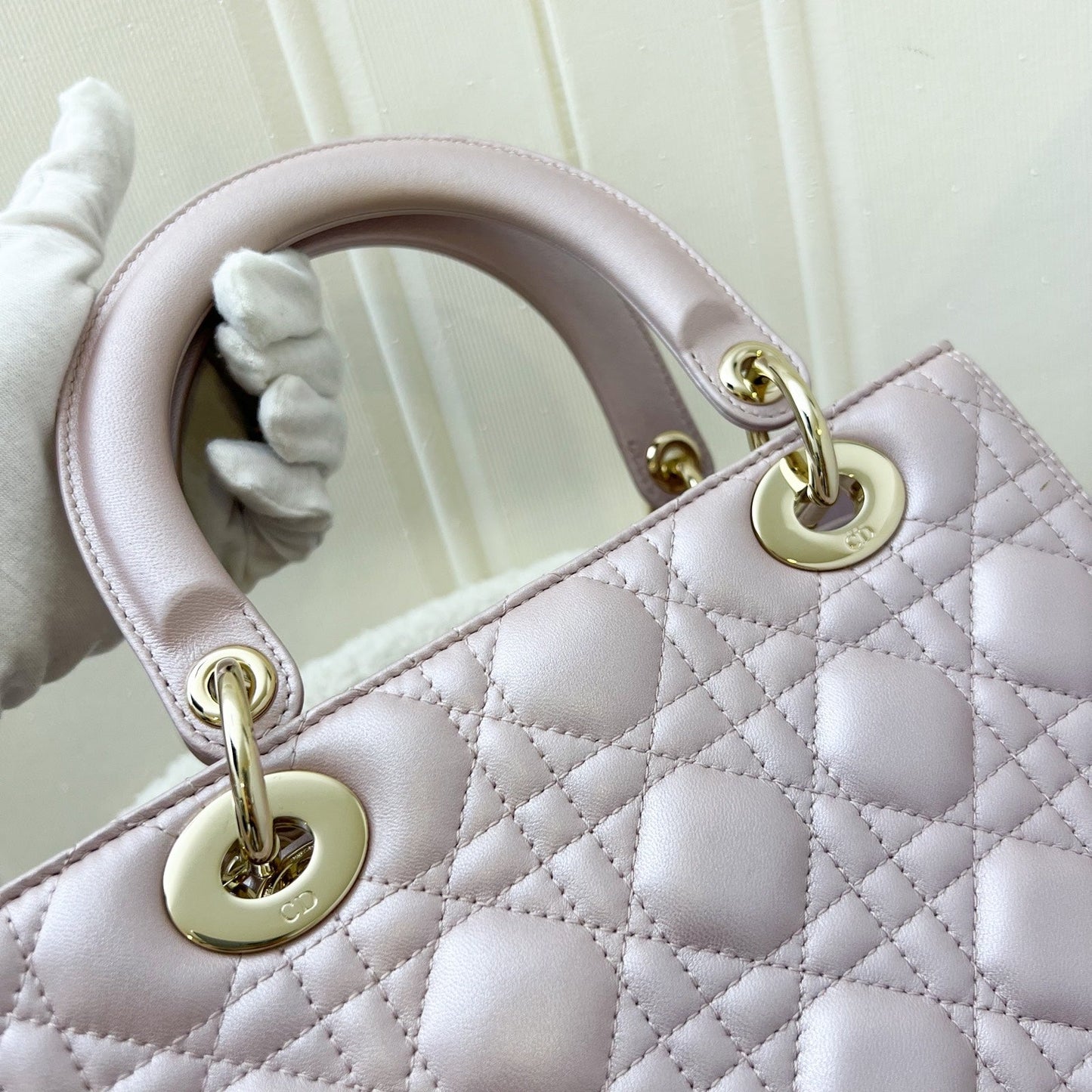 Dior Medium Lady Dior in Iridescent Lotus Pink Lambskin and LGHW (New version with Adjustable Strap)