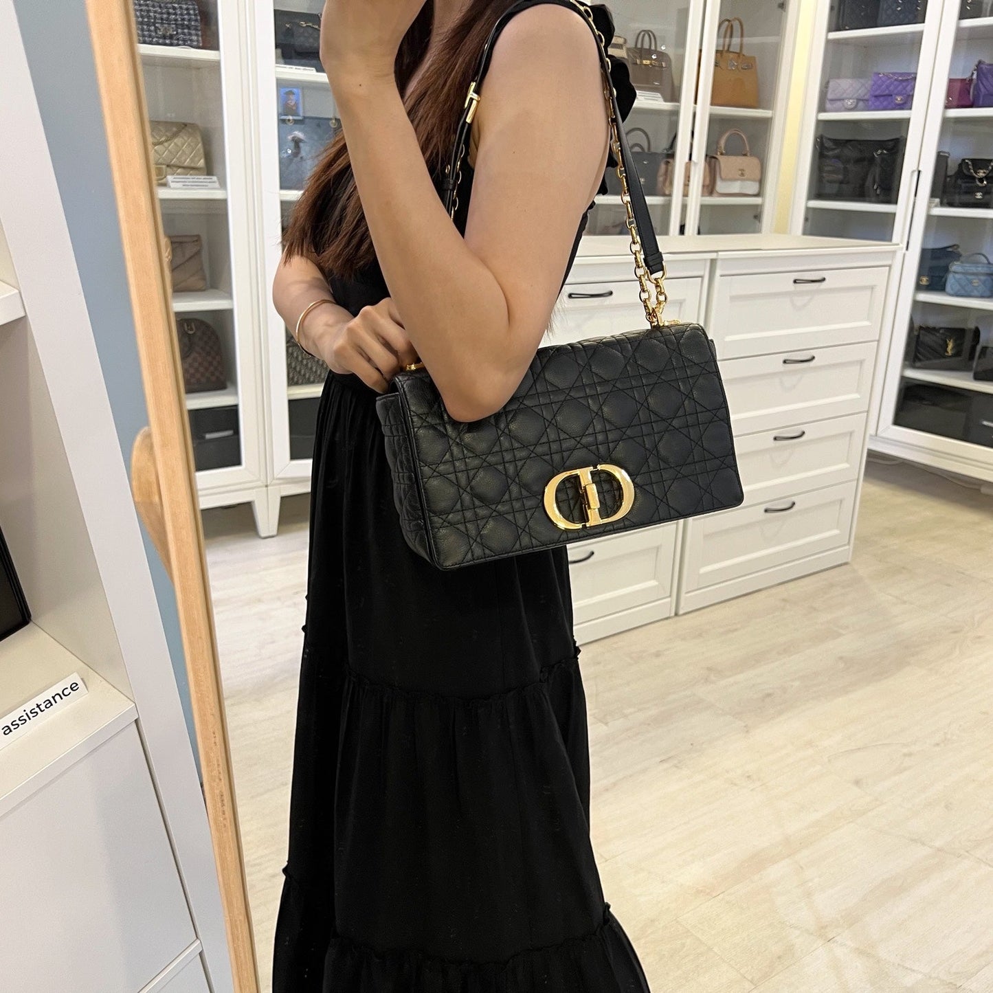 Dior Large Caro Flap Bag in Black Grained Calfskin and GHW