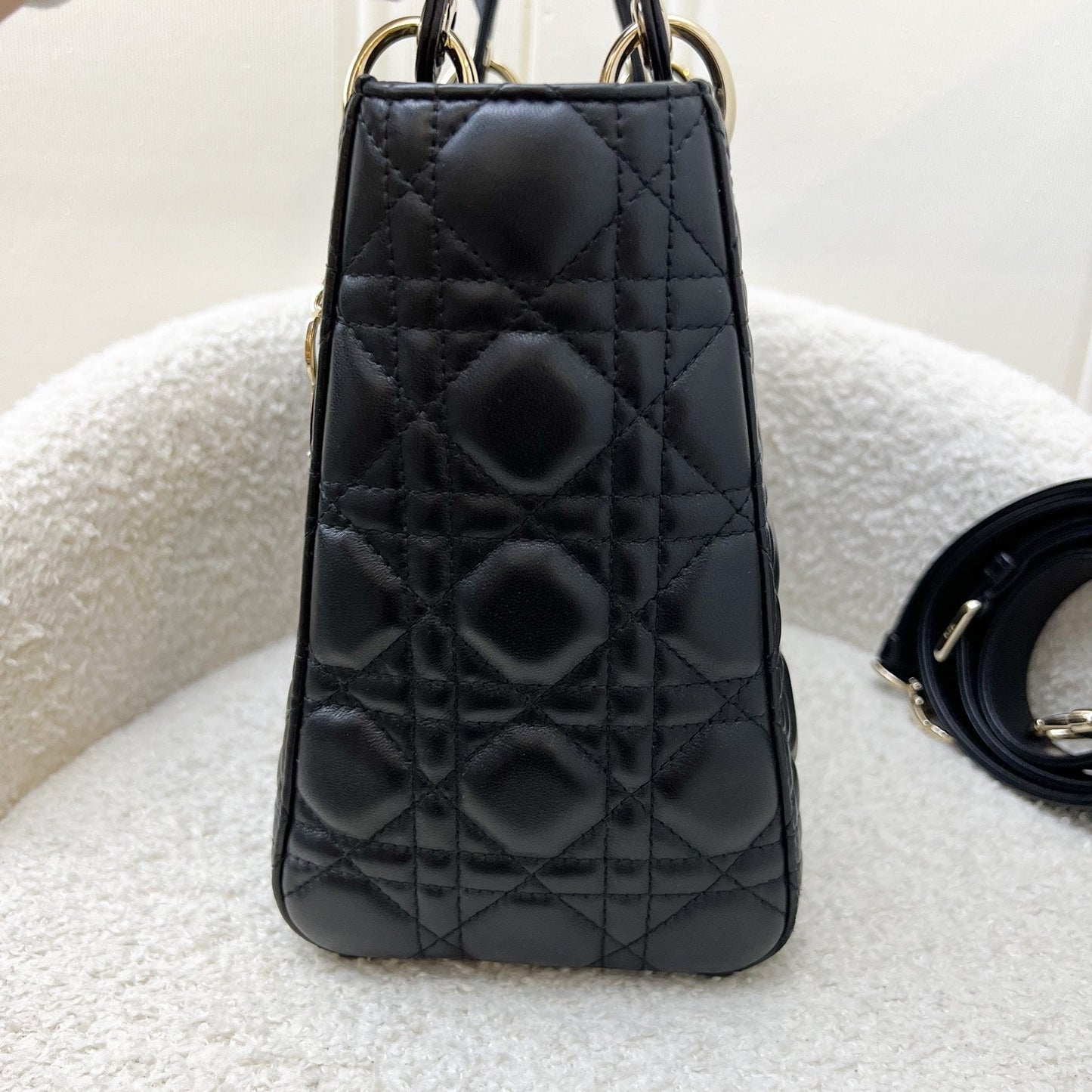 Dior Medium Lady Dior in Black Lambskin and LGHW (New Flap Closure) (Includes Mitzah)
