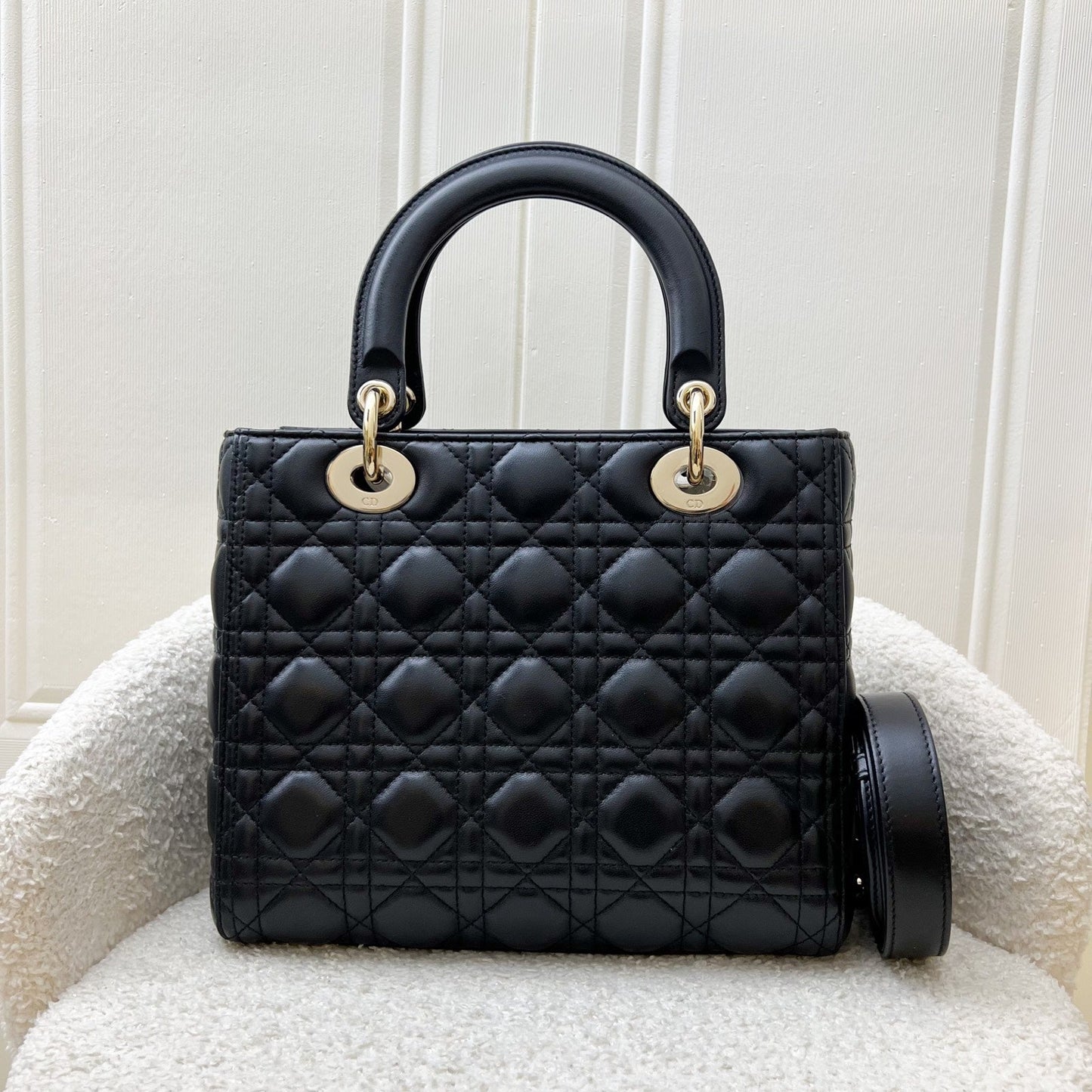 Dior Medium Lady Dior in Black Lambskin and LGHW (New Flap Closure) (Includes Mitzah)