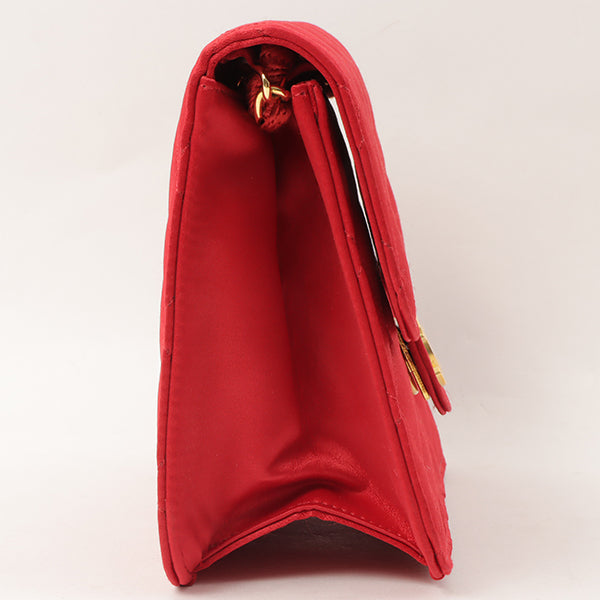 Chanel Around 1995 Made Silk Satin Straight Flap Cc Mark Plate Chain Bag Red