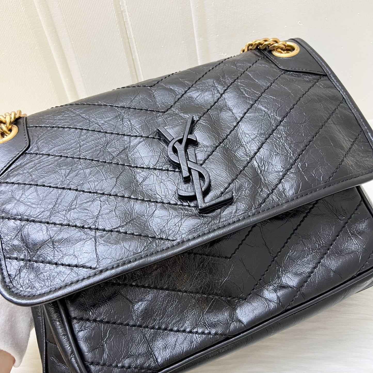 Saint Laurent Medium Niki in Black Crinkled Calfskin and GHW