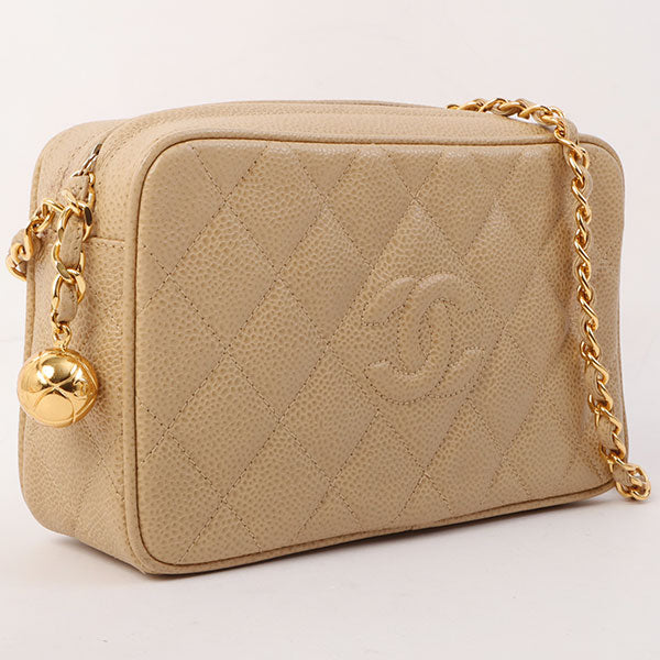 Chanel Around 1995 Made Caviar Skin Cc Mark Stitch Chain Shoulder Bag Beige