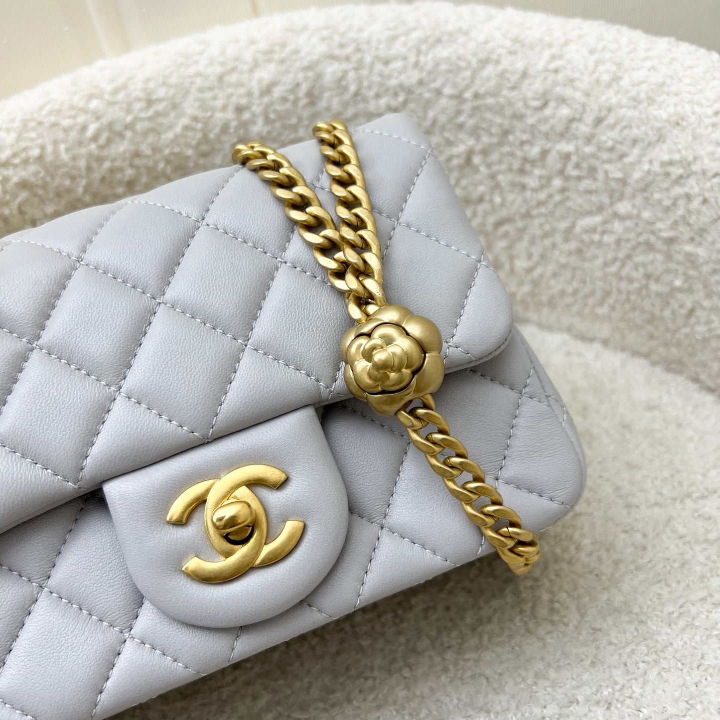 Chanel 25P Camellia Crush Adjustable Chain Mini Square Flap in Light Grey Lambskin and AGHW