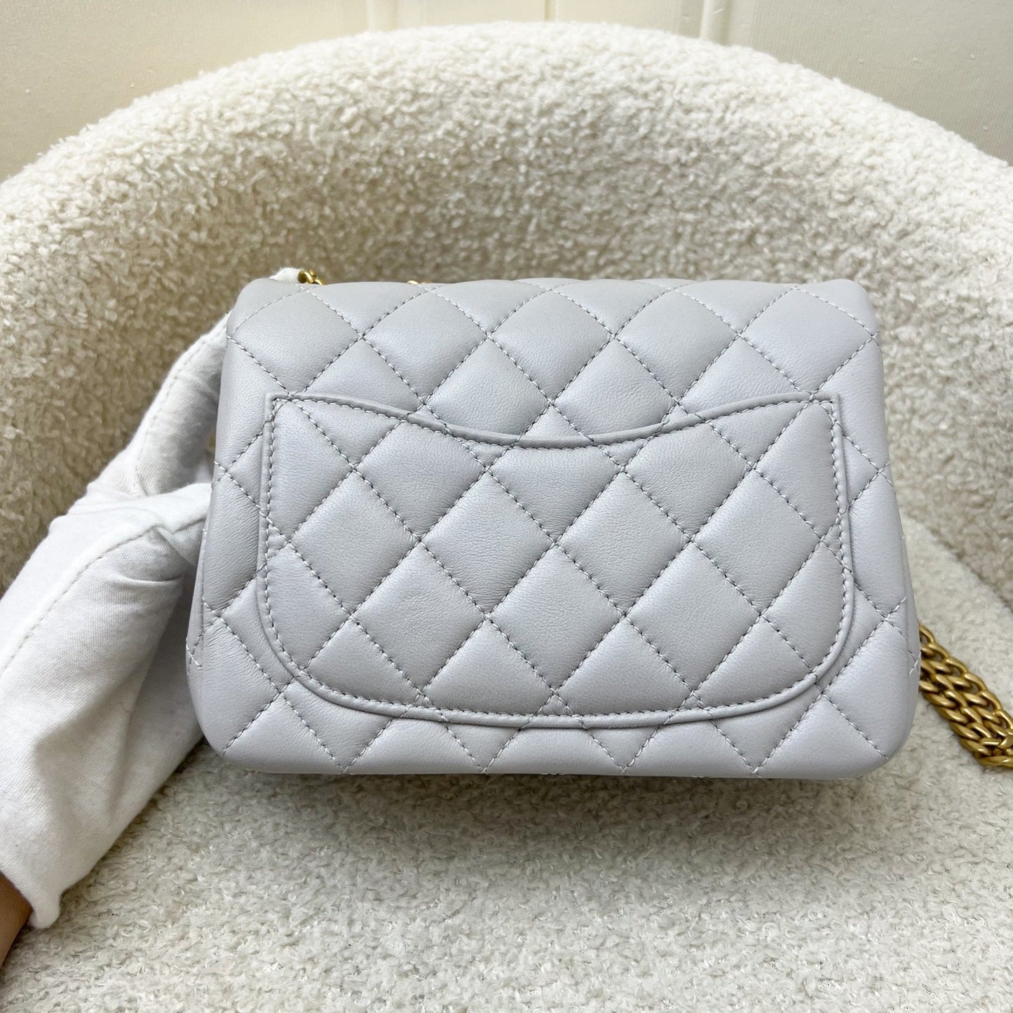 Chanel 25P Camellia Crush Adjustable Chain Mini Square Flap in Light Grey Lambskin and AGHW