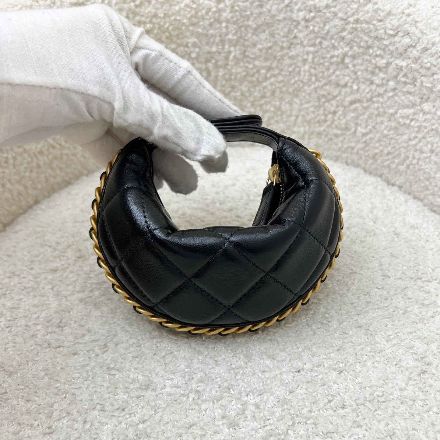 Chanel 25A Fortune Cookie Mini Pouch / Bag Charm in Black Shiny Crumpled Lambskin and AGHW