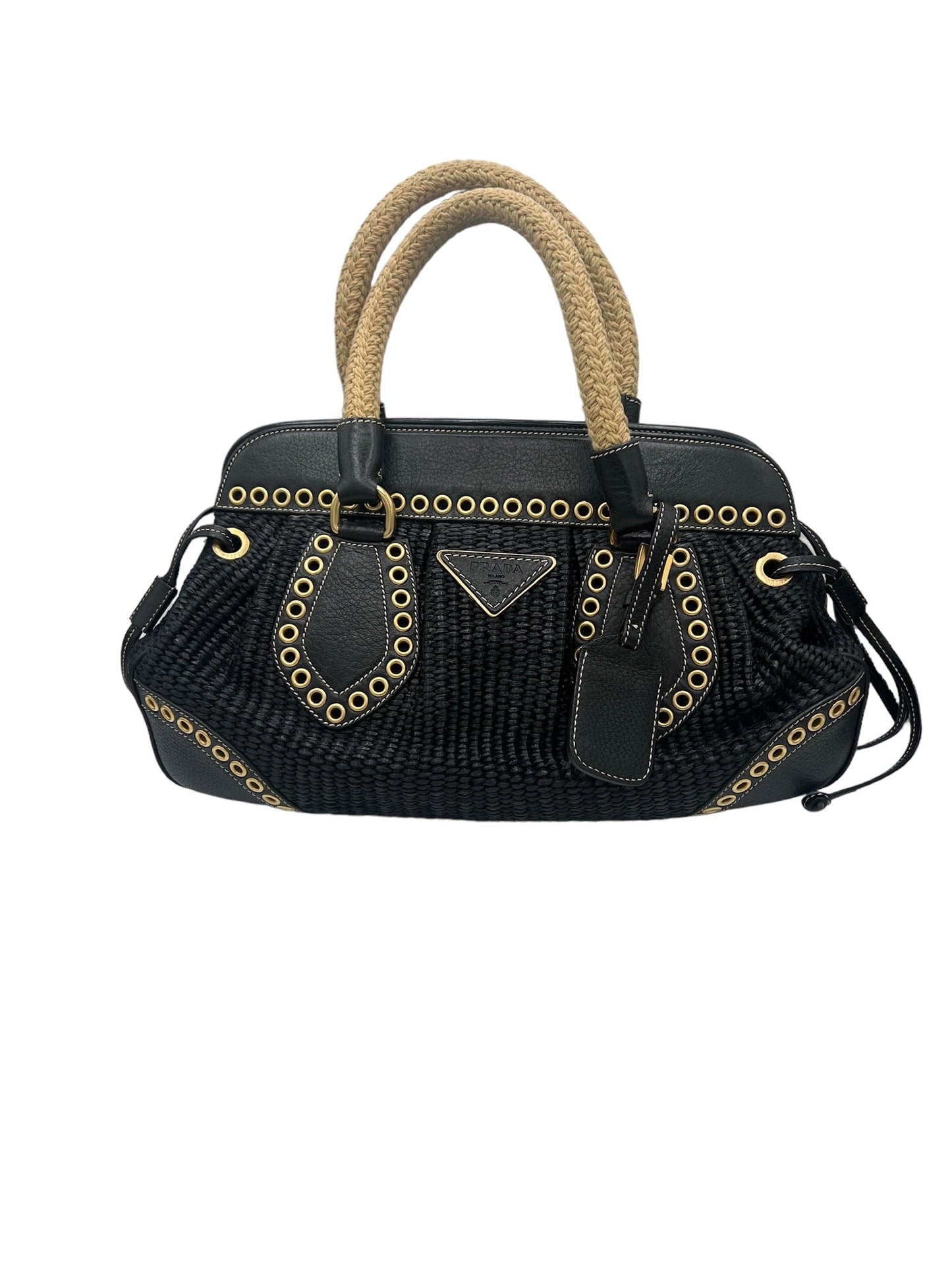 PRADA - Black Beige Straw Leather Handbag