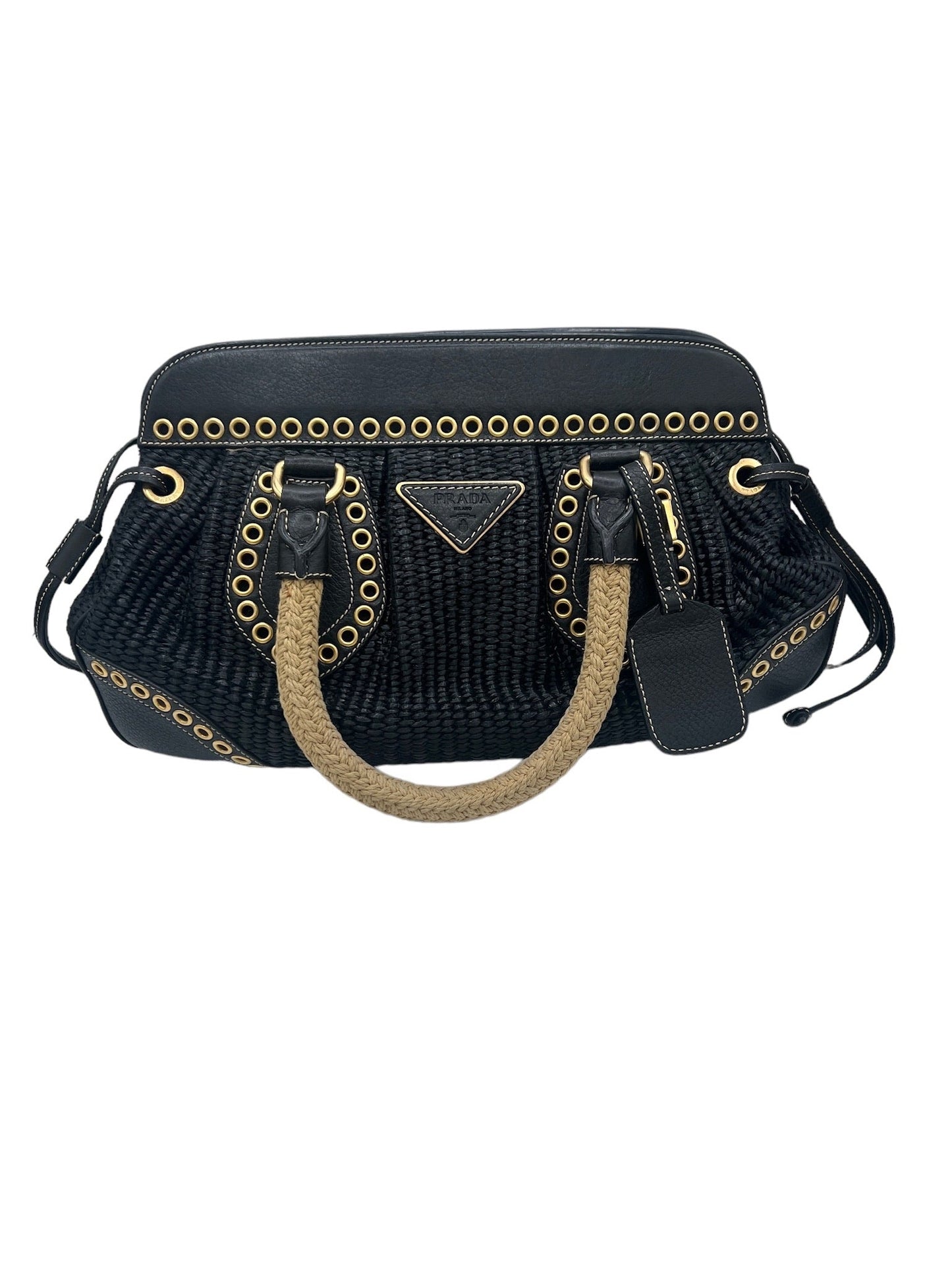 PRADA - Black Beige Straw Leather Handbag