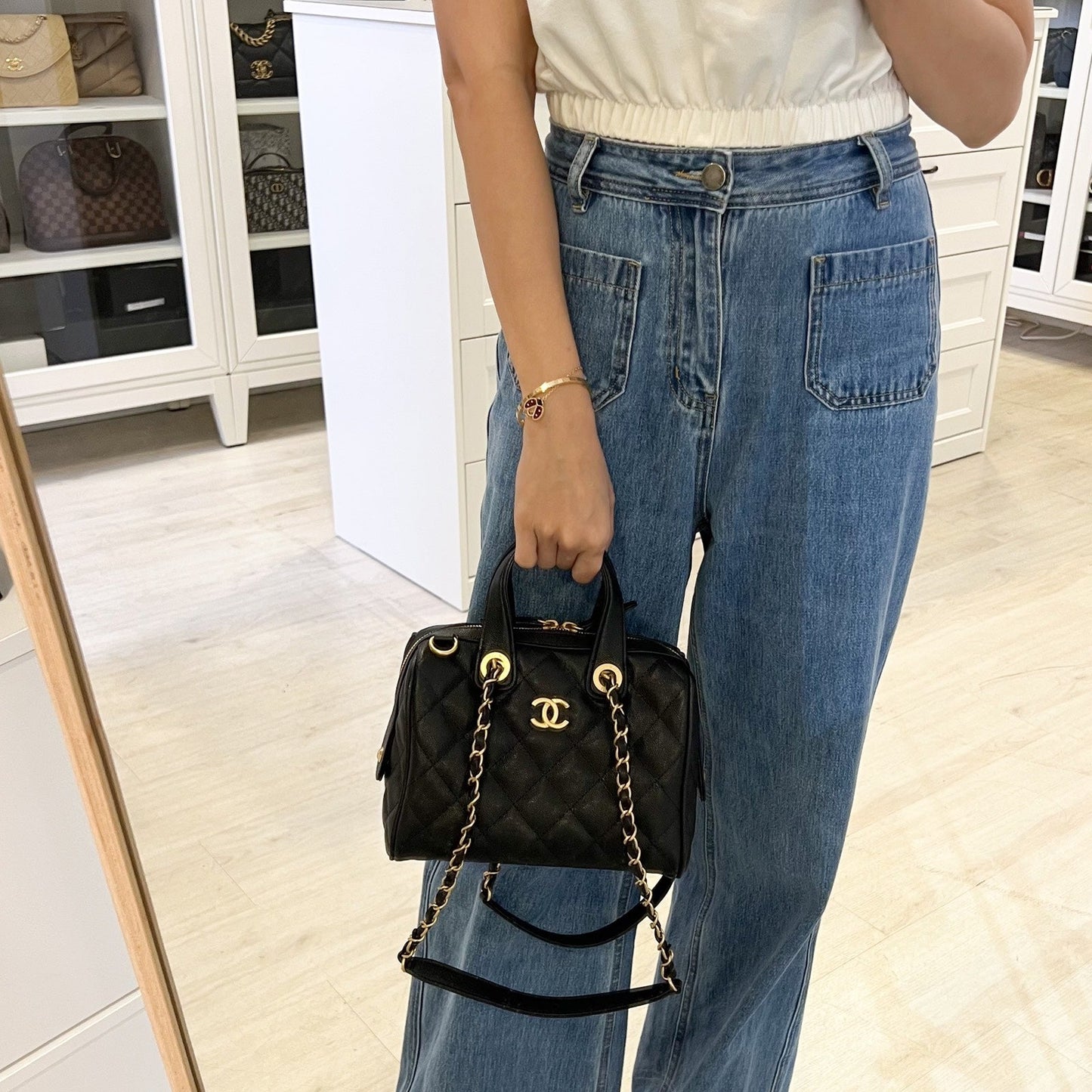 Chanel 25A Small Bowling Bag in Black Caviar and AGHW (Model: AS5578)