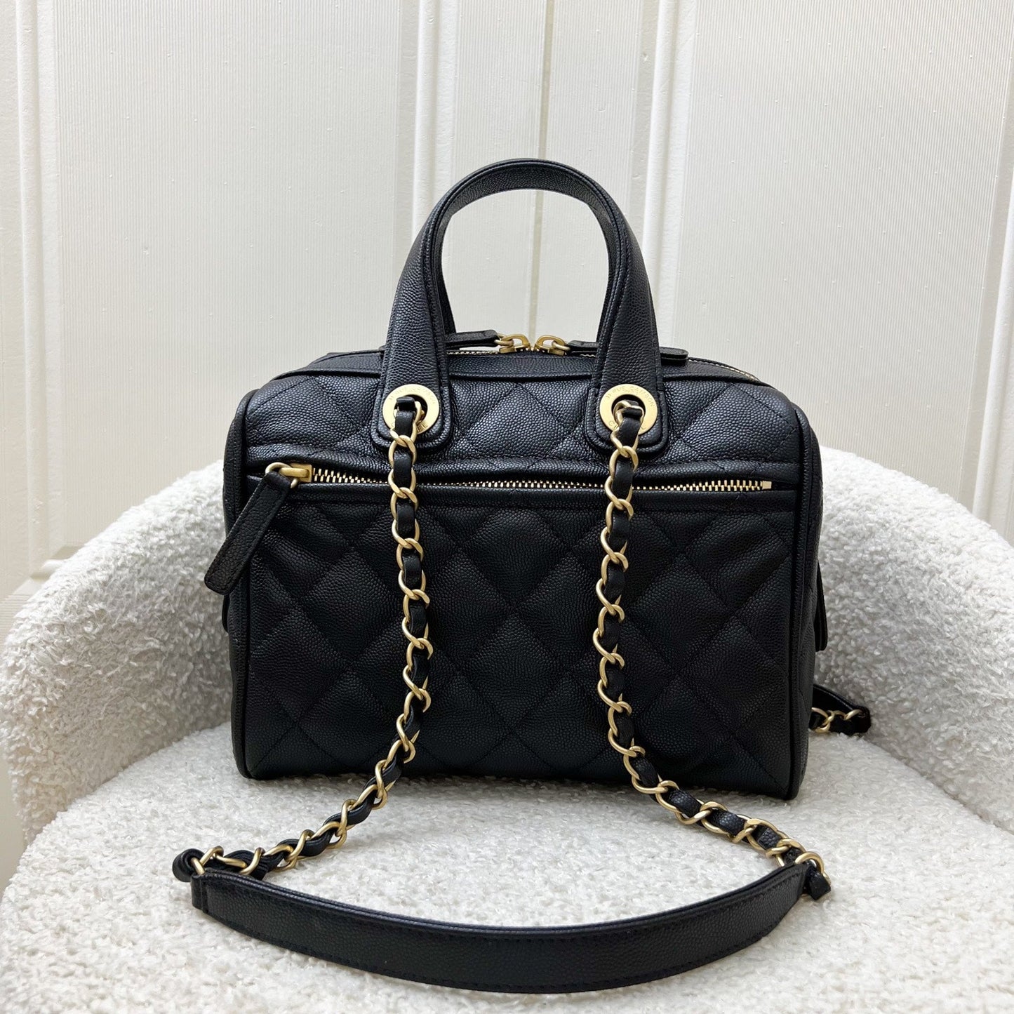 Chanel 25A Small Bowling Bag in Black Caviar and AGHW (Model: AS5578)