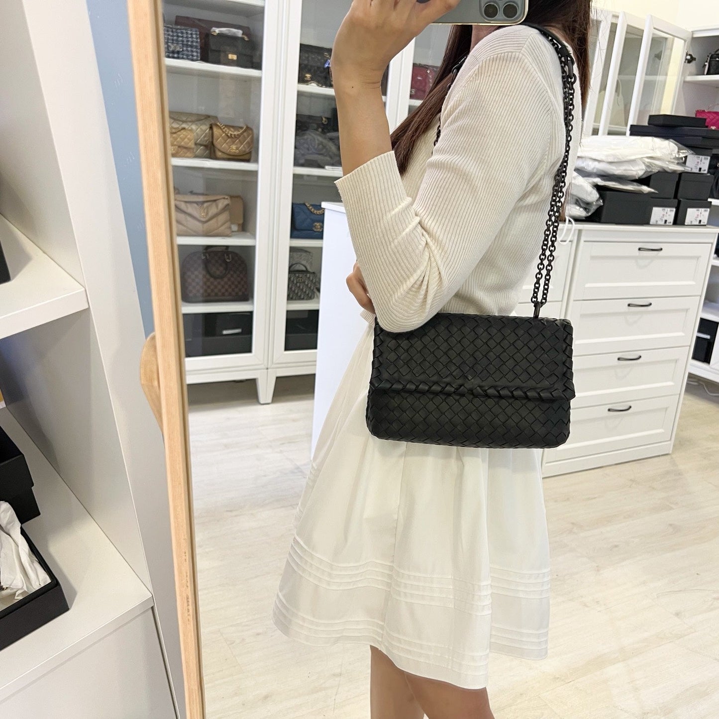 Bottega Veneta BV Baby Olimpia Handbag in Black Intrecciato Lambskin and SHW