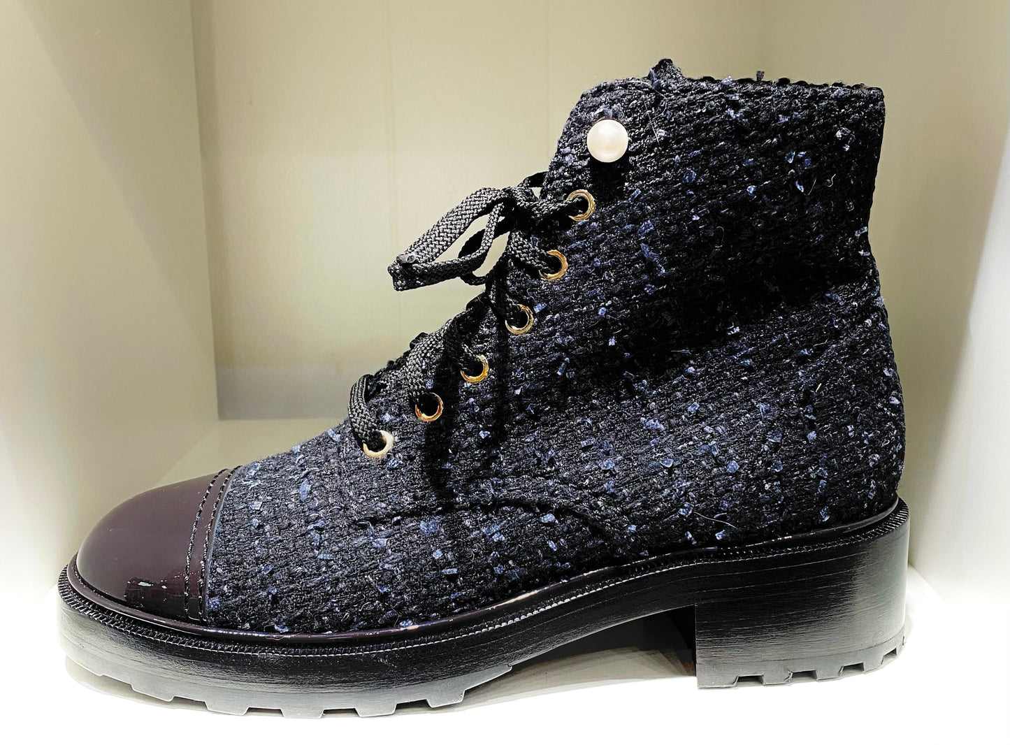 Chanel Tweed Patent Calfskin Pearl Combat Short Boots