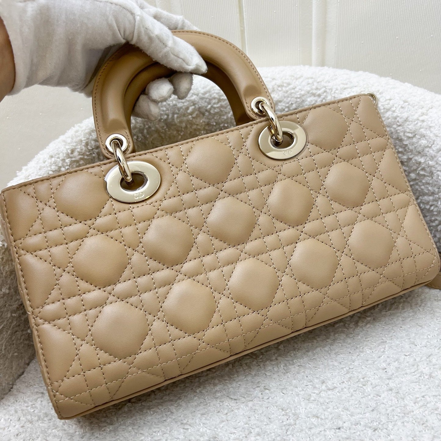 Dior Medium Lady D-Joy Bag in Biscuit (Milk Tea Beige) Cannage Lambskin and LGHW (Model: M0540ONGE)