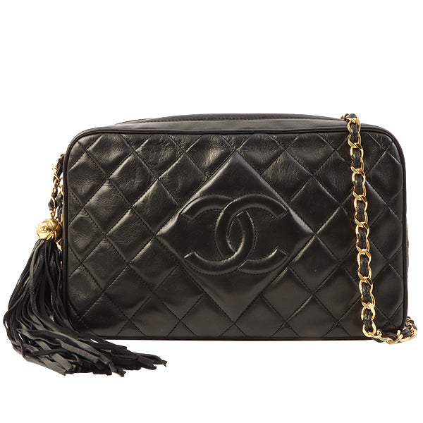 Chanel Around 1992 Made Diamond Cc Mark Stitch Fringe Chain Bag Black