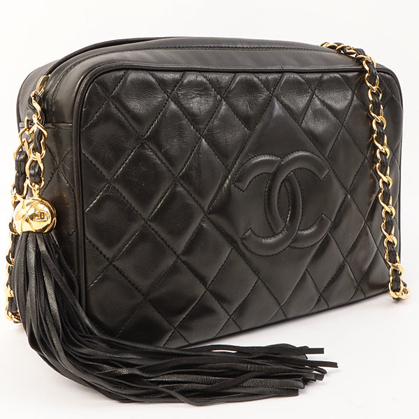 Chanel Around 1992 Made Diamond Cc Mark Stitch Fringe Chain Bag Black