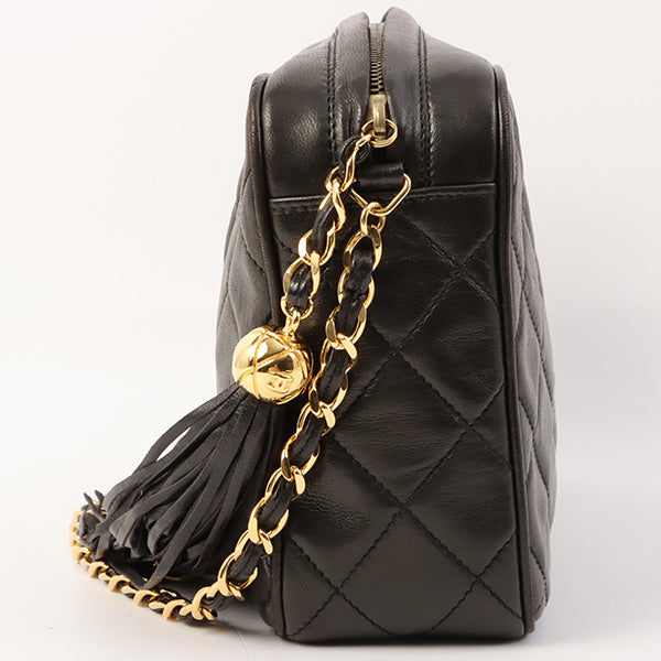 Chanel Around 1992 Made Diamond Cc Mark Stitch Fringe Chain Bag Black