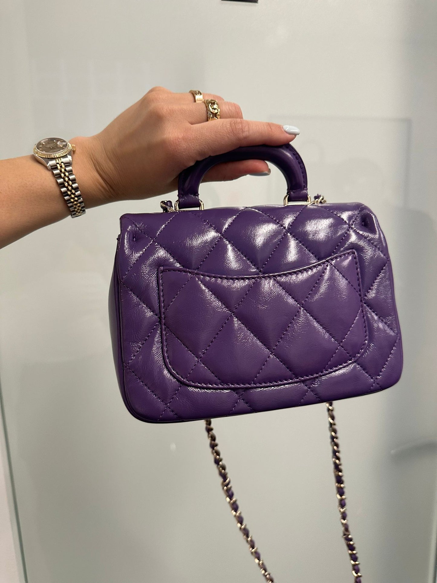 CHANEL - Purple Quilted Lambskin Top Handle Clutch with Chain